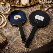 Vintage Otagiri Japan Hand Mirror Set of 2 Black Lacquer Gold Shell Signed picture