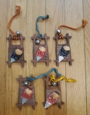 Vintage Inarco Japan Wooden Baby Cradle Ornaments Set of 5 Kokeshi Doll Bell picture
