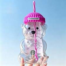 Starbucks Bearista Pink Bear Glass Tumbler Cold Cup with Straw 20oz 591ml picture