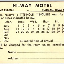 c1950s Harlan, IA Hi-Way Motel Postcard Business Reply Mail Reservation Card picture