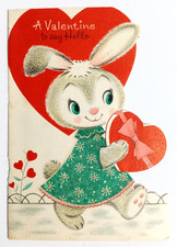 Vintage Used Hallmark Valentines Day Glitter Rabbit c1960s Greeting Card 6.5