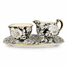 Royal Winton Grimwades Peony Black Chintz Creamer Open Sugar Tray Set Gold Gilt picture