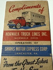 Norwalk Truck Lines Inc Ohio Trucking Shirks Motor 1940s Matchbook Cover Vtg picture