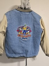 Vtg 90s Disney Store Mickey Mouse Denim Varsity Hooded Jacket Youth L 10/12 picture
