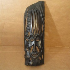 Vtg Lrg Hand Carved Dark Wood Tribal Mask Wall Art African Two Twin Face Pierced picture