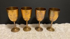 Vintage Brass Wine Goblets Lot of 4 Heavy Chalice Cups Aged Rainbow Patina picture