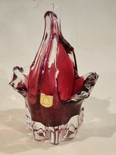 RUBIN Bohemian Art Glass Vase. Czech (Chribska). Cranberry/Clear w Orig. Tag picture