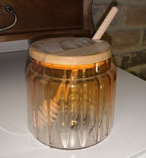 Hand Blown Glass Honey Jar Wood Dipper & Lid New picture