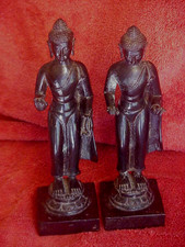 2 ANTIQUE BRONZE/ BRASS BUDDHA STATUES ASIAN, THAI OR LAOTIAN DARK PATINA OLD picture