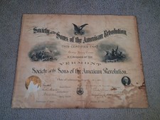 ANTIQUE SOCIETY OF THE SONS OF THE AMERICAN REVOLUTION CERTIFICATE 1893 VERMONT picture