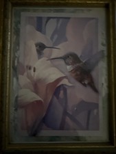 Vintage Audrey Hopkins Framed Art Print Hummingbird & Iris Flowers Pastel Gold picture