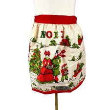 Unworn Vintage 1960s Parisian Prints Noel Christmas Linen Half Apron Mid Century picture
