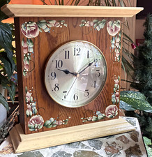 Wood Oak Mantel Clock Quartz Movement Foral Design Garden Roses 1998 picture