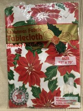 NIP Vintage Christmas Fabric Tablecloth 52x70 Poinsettia Holly Holiday USA NOS picture