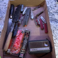 Vintage Emergency Kit Lot- Pocket And Fixed Knife Blades Pepper Spray. Radio. picture