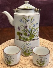 Vtg Japanese Teapot Hexagon Warmer 2 cups Brass Handle Blue Purple, (?) Otagiri picture