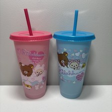 Set of 2 Rilakkuma Color Changing Cup w/ Straw Pink & Blue Heart Bath Time picture