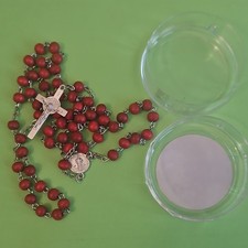 Red Wooden Bead Christian Rosary with Metal Crucifix and Case picture