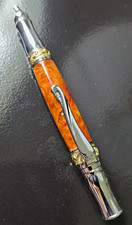 Handcrafted Red Amboyna Burl Nouveau Sceptre Twist Ballpoint Pen. Chrome & Gold picture