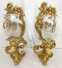 PR SYROCO 1971 GOLD WALL SCONCES HOLLYWOOD REGENCY ROCOCO DECOR CUT GLASS VOTIVE picture