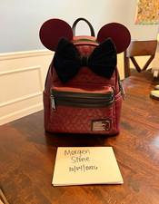 Loungefly Disney Minnie Mouse Maroon Quilted Velvet Bow Mini Backpack NWT picture