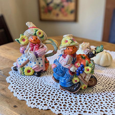 Fitz and Floyd Scarecrow Creamer & Sugar Bowl w/ Lid Spoon Set Ceramic 1996 IOB picture