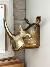 set of 2 vintage brass rhinoceros head wall mount hanging rare hollow picture