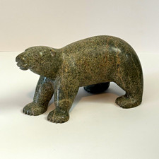 Vintage Inuit Polar Bear Carving Green Serpentine Stone Canadian Art 8.5” picture