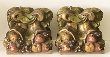 ANTIQUE ART DECO Cornucopia FRUIT POLYCHROME Plaster CHALKWARE Heavy Bookends picture