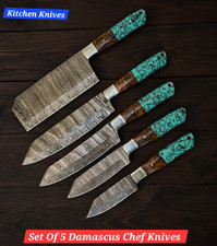 Handmade Set of 5 Damascus Steel Chef Knife Kitchen Knives with Leather Roll Bag picture