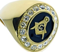 Masonic Mason Black Enamel men's 17 cz Ring 18K yellow gold overlay size 9 T29 picture