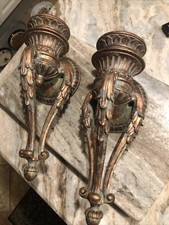 VTG Pair Hollywood Regency Antique Bronze Wall  Sconce Pair Detailed  Gold  14 picture