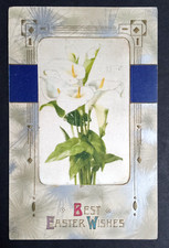 Best Easter Wishes Embossed Lilies Postcard c1910s Flowers Winsch Back Antique picture