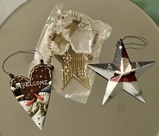 Vintage Three Piece Lot of Christmas Ornaments-Metal & Star Heart Hand Painted picture