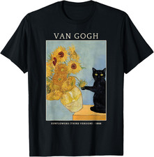 Funny Cat & Sunflowers Van Gogh Art Parody Vintage T-Shirt picture