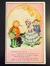Whitney Made Vtg. Halloween Postcard-Pumpkin Man Black Cat Children Multicolor picture