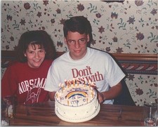 Vtg 1990s Found Photo Rainbow Birthday Cake Boy w/ Sister Snapshot picture