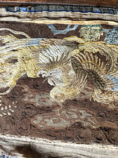 Antique Chinese silk embroidery panel, soaring phoenix above waves 21” x 88” picture