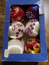 6 Vintage Beaded Pin Sequins & Pearl Christmas Ornaments Lot In Box picture