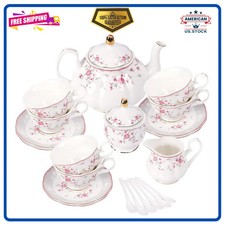 Vintage Porcelain Tea Set for 6 Pink Rose Floral Teapot Cup and Saucer Set picture