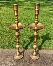Vintage Moroccan Solid Brass Floor Candlesticks Pair 36” Tall Etched MCM Decor picture