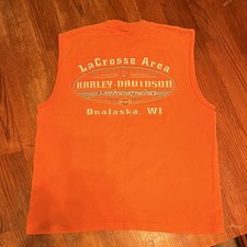 Harley-Davidson LaCrosse Area Onalaska WI Orange Sleeveless T-Shirt L picture