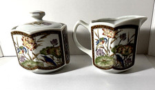 Vintage White Hexagonal Shaped Creamer And Sugar Bowl Bird And Flower Design picture