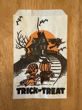 Vintage 1970s Halloween Trick Or Treat Bag Black Cat Haunted House Mid Century picture