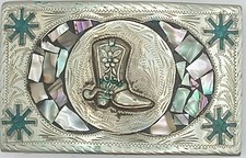 Vintage Alpaca Mexico Mother of Pearl Inlay Cowboy Boot Western Belt Buckle 3