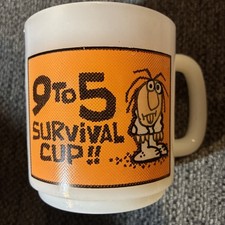 Vintage 1970’s Glasbake Milk Glass Mug “9 To 5 Survival Cup” picture