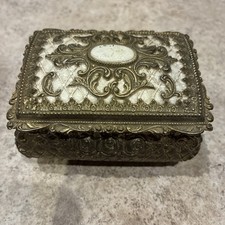 Small Vintage Ornate Jewelry Box Casket with Red Velvet Lining picture