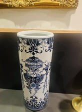 Vintage Blue/White Chinoiserie Porcelain Hand Painted Umbrella Stand Double Fish picture