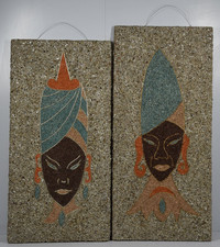 2 Vintage MCM Tribal Head Gravel Art Figures HTF Collectible Pair Tiki Safari picture