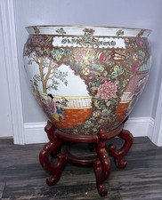 LARGE Chinese Rose Medallion Porcelain Fish Bowl Planter Goldfish Pot 18.5x16